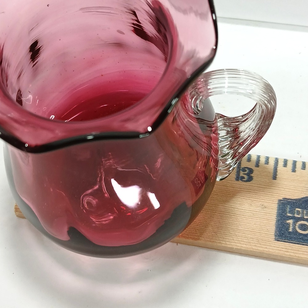 Vintage Cranberry Glass Pitcher Ruffled Rim Clear Applied Handle 4.25 inch - Picture 8 of 8